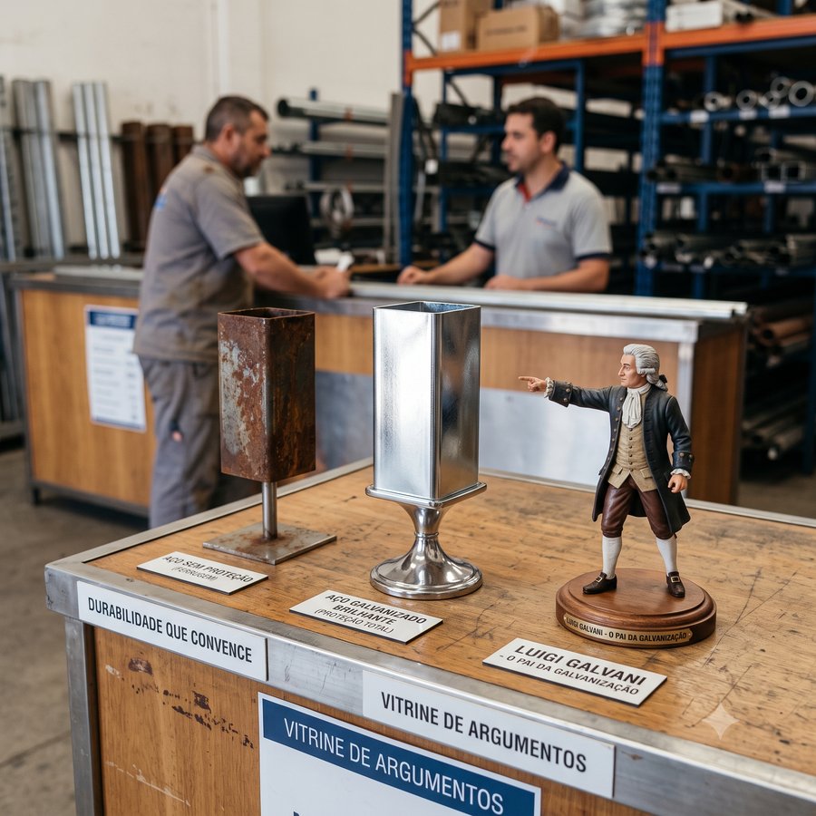 Vitrine de argumentos no balcão da distribuidora: perfil enferrujado, perfil galvanizado brilhante e a estatueta de Luigi Galvani, o pai da galvanização