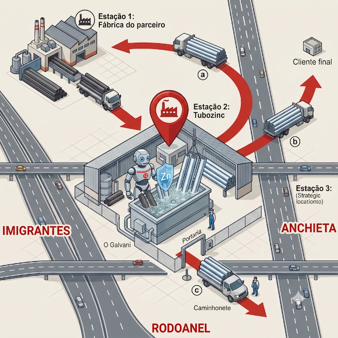 Mapa de fluxo da parceria: fábrica do parceiro envia material cru para a Tubozinc, localizada entre as rodovias Anchieta, Imigrantes e Rodoanel, e o material galvanizado segue de volta à fábrica, direto ao cliente final ou é retirado pelo próprio cliente