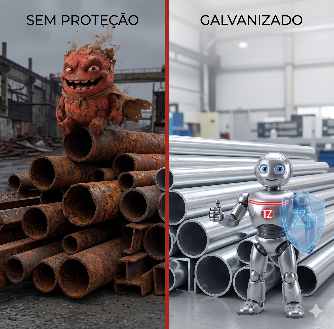 Comparativo: à esquerda, pilha de tubos enferrujados com o vilão Ferrugem; à direita, tubos galvanizados brilhantes com o Galvani