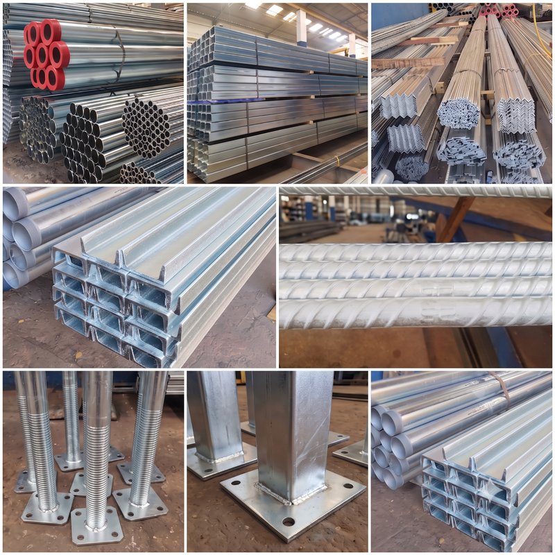 Colagem de fotos reais de produtos zincados pela Tubozinc: tubos redondos e quadrados, perfis U, cantoneiras, barras chatas e redondas, vergalhões, escoras e colunas com flanges